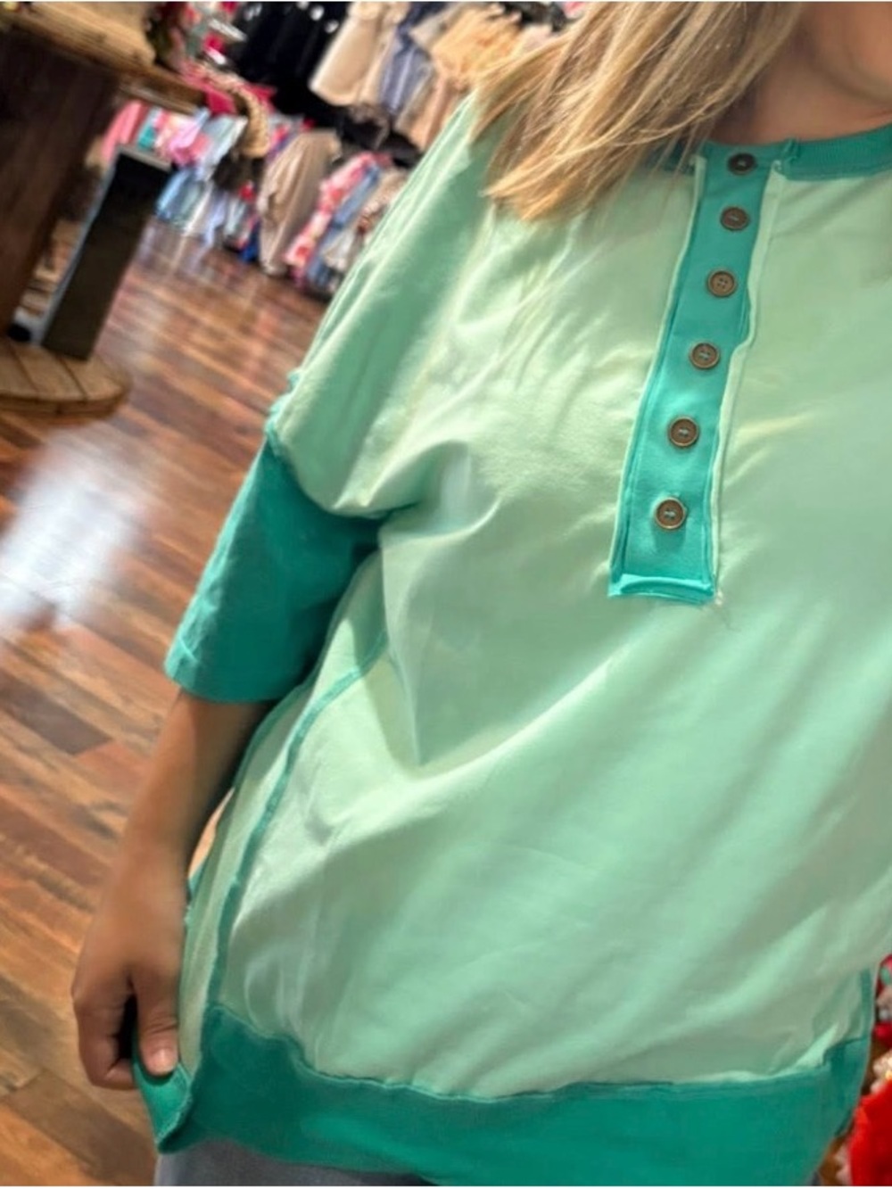 Light Aqua Two-Tone Henley Tunic Top by
